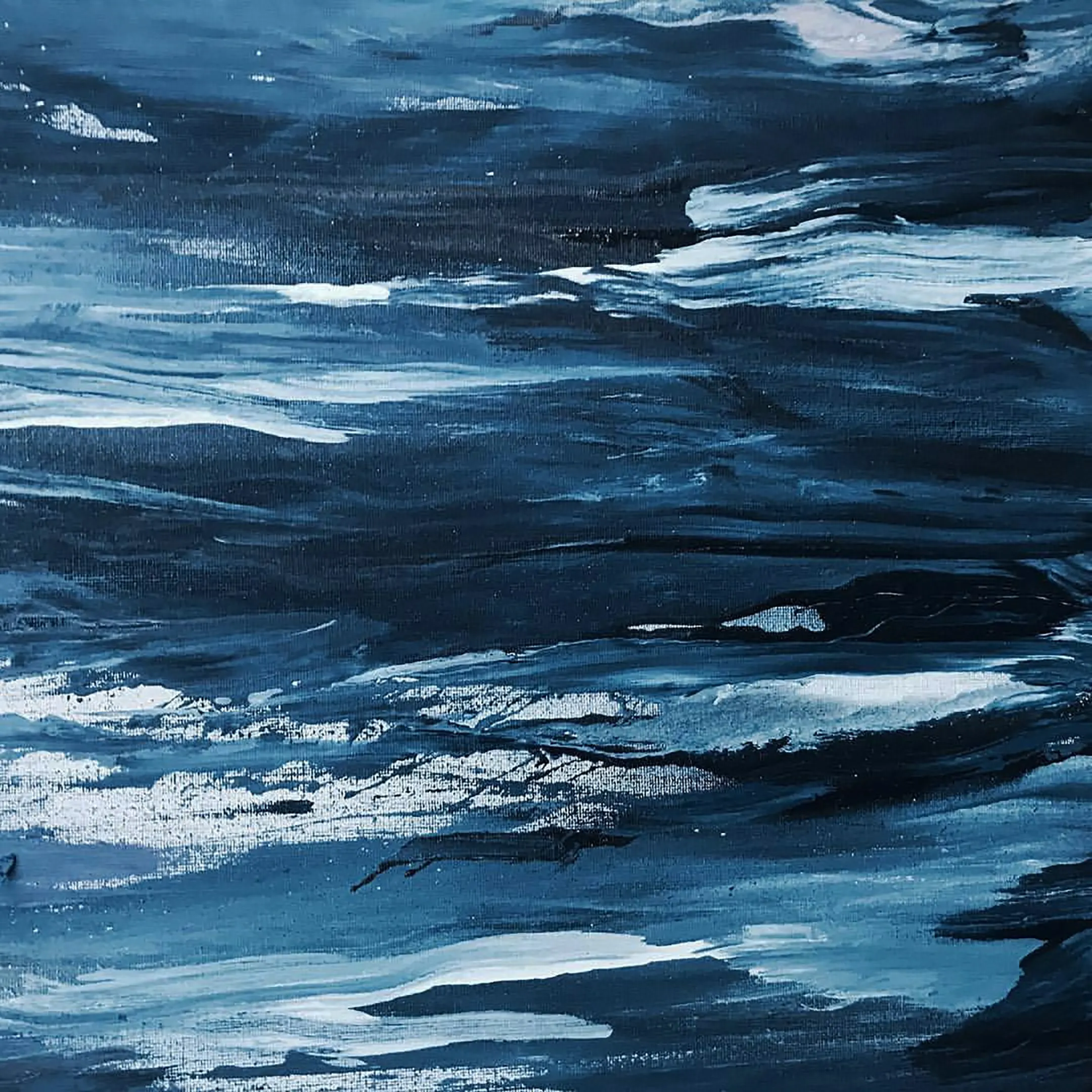 A painted canvas in blue colors depicting the ocean.